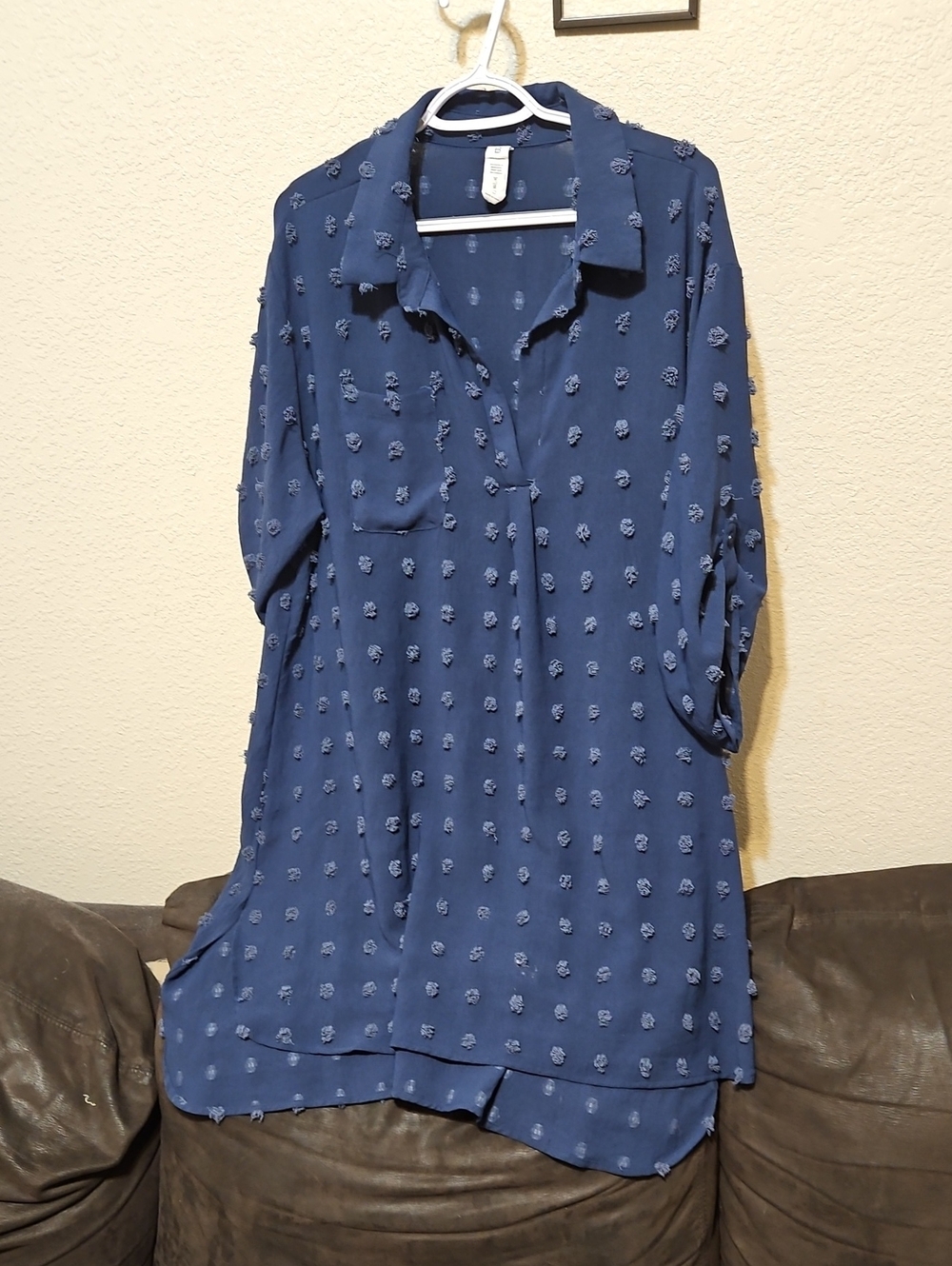 Women's Blue Textured Long Sleeve Blouse